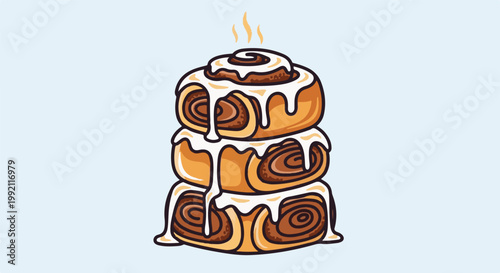A stack of three delicious cinnamon rolls with sweet icing and wisps of steam