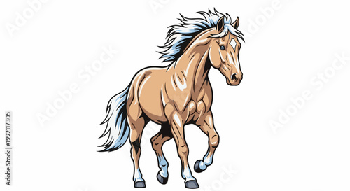 A powerful, tan-colored horse with a flowing white mane and tail gallops