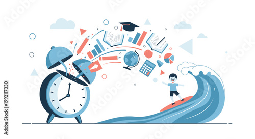 Business, education, and time management concept, vector illustration of clock, alarm, and learning icons