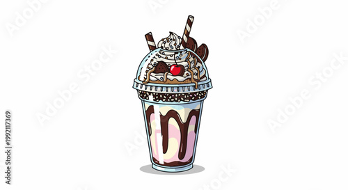 A pixelated, festive milkshake topped with whipped cream, cookies, and a cherry