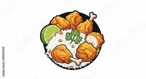 A round black dish holds crispy fried chicken pieces scattered over white rice with a lime wedge