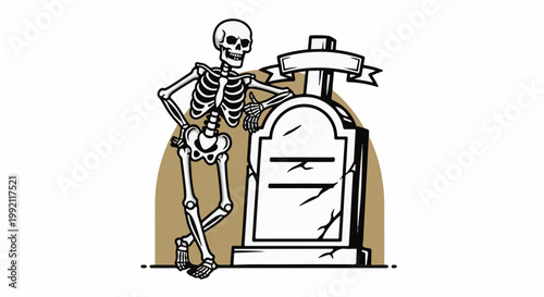 A skeletal figure leans casually on a weathered tombstone, under a decorative banner