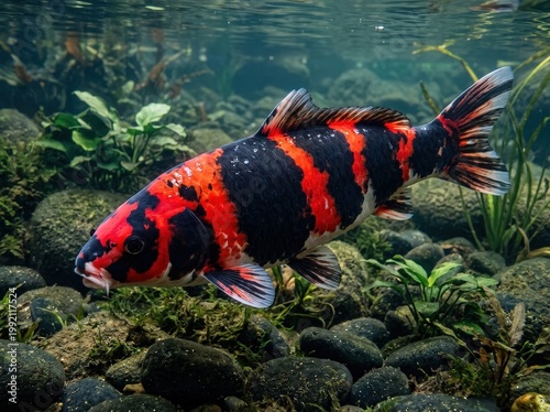 Colorful Koi Fish Swimming in a Clear Aquatic Environment Surrounded by Rocks and Green Plants