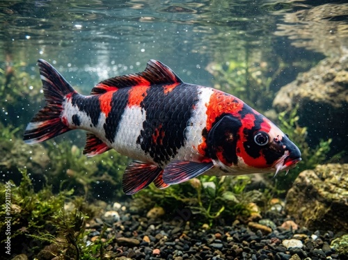 Colorful koi fish swimming gracefully underwater in a clear pond surrounded by lush greenery