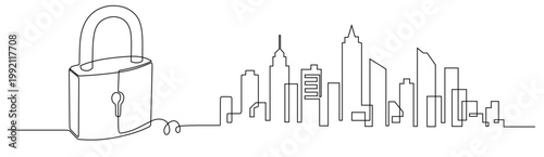 a continuous single line drawing of a padlock with lines extending to the right side forming a city skyline consisting of various skyscrapers. a single line vector drawing on a white background