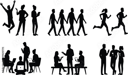Silhouette People Set Business, Running, Walking, Jumping, Communication