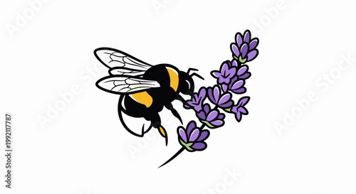 A stylized bumblebee with black and yellow stripes gathers nectar from a purple lavender sprig