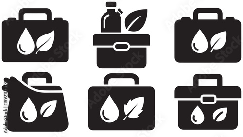 Eco-friendly cleaning and maintenance tool kit icons set with leaves and water drops