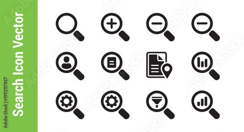 Search icon vector, magnifying glass with plus, minus, user, document, location, gear, filter and chart symbols.