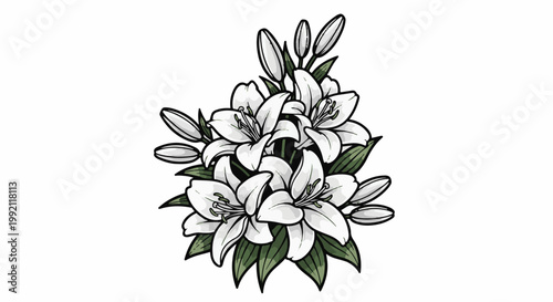 A stylized bunch of white lilies with green leaves and buds