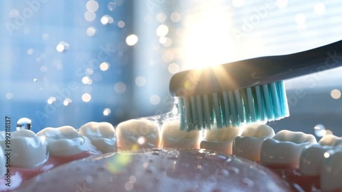 Toothbrush cleaning teeth with water splashes