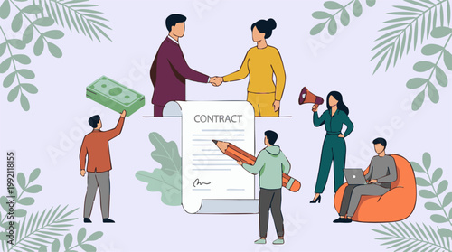 Business Deal: Contract Signing, Negotiation, Financial Exchange, and Teamwork Concept