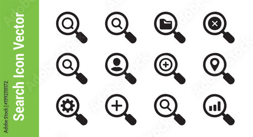 Search icon vector, set with magnifying glass, folder, cross, user, plus, location, gear and chart symbols.
