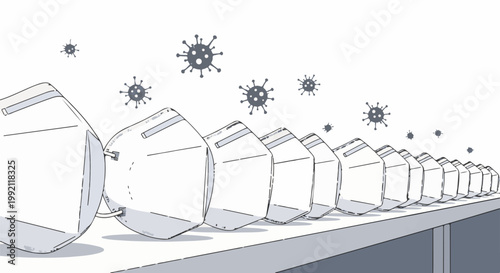 A row of face masks on a conveyor belt with virus icons floating above