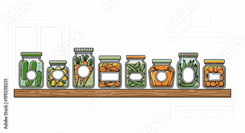 A row of glass jars filled with preserved vegetables and fruits sits on a wooden shelf