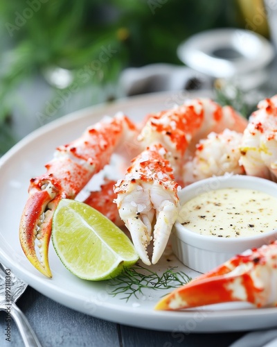 Steamed crab claws with sauce and a lime on a white plate
