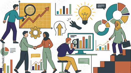 Business analysis, growth, and teamwork concept with diverse professionals