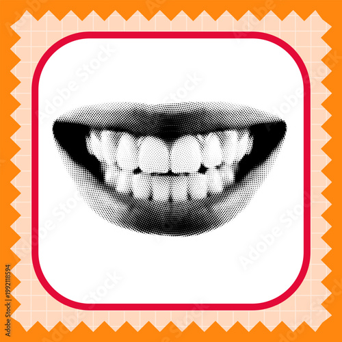 halftone illustration of a smiling mouth with teeth