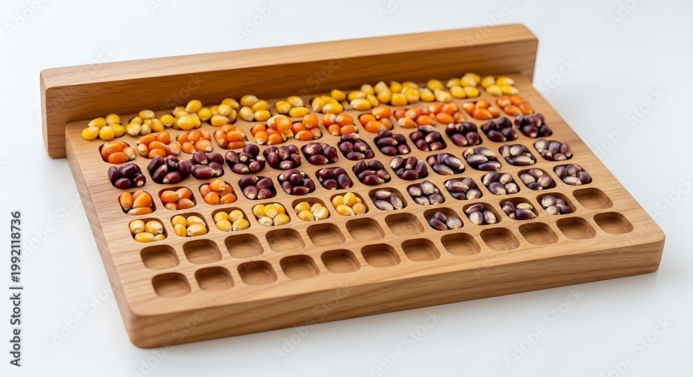 Naklejka premium A wooden board with colorful beads arranged in rows on a white background