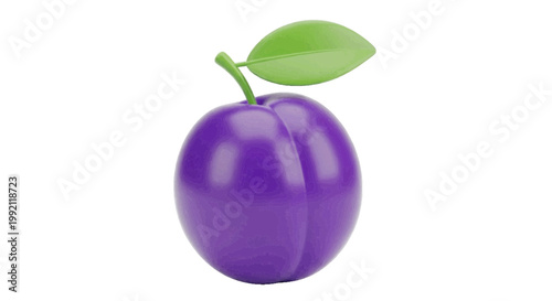 Vector illustration of 3d illustration of a fresh purple plum with a green leaf on a transparent background