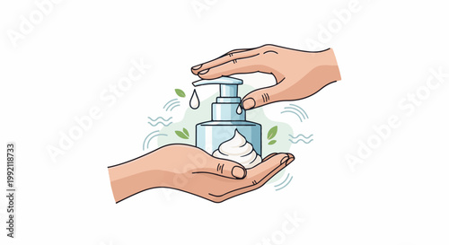 A pump dispenser releases foam into cupped hands, with water droplets and leaves