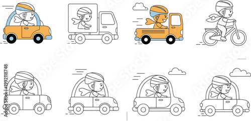 Delivery and Transportation Icon Set with Professional Courier Characters Driving Cars Trucks and Bicycles for Logistics Shipping Fleet Management and Urban Service App Designs