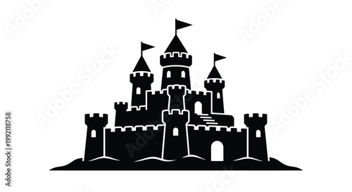 A dark castle with multiple towers and flags a striking silhouette