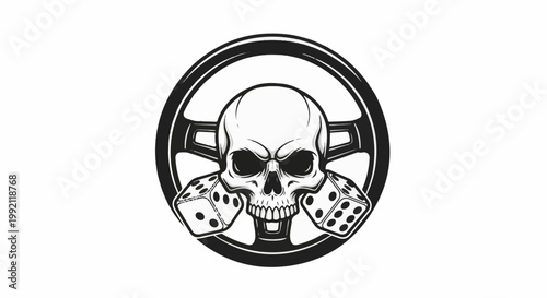 A skull with dice sits behind a steering wheel, symbolizing risky driving