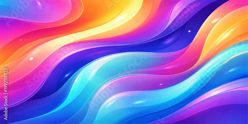 An abstract colorful wave design featuring a bright rainbow gradient of blue, green, and pink lines in a fluid motion pattern for a vibrant vector art backdrop