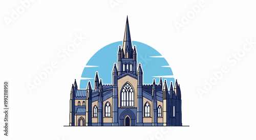 A pixelated gothic cathedral with a large pointed spire and arched windows, set against a blue sky