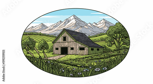 A rustic wooden barn stands in a vibrant meadow, with rolling green fields and snow-capped mountains in the background