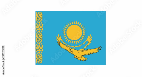 A sky-blue flag features a golden sun, a soaring eagle, and ornamental patterns