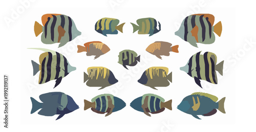 Cartoon tropical fish collection colorful reef aquarium marine animals vector illustration