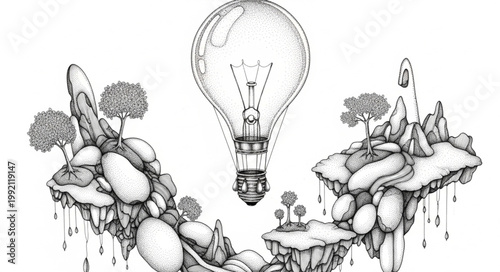 Floating Islands with Light Bulb Illustration.