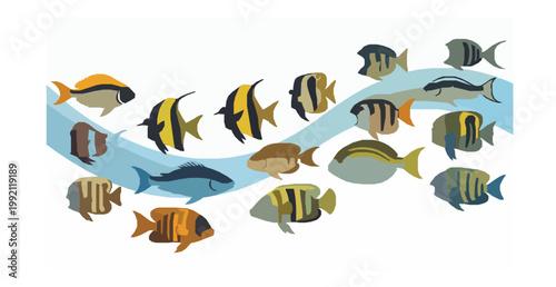 Cartoon tropical fish collection colorful reef aquarium marine animals vector illustration