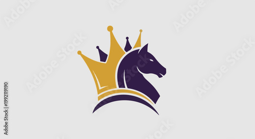 A purple horse head with a golden crown, on a light gray background