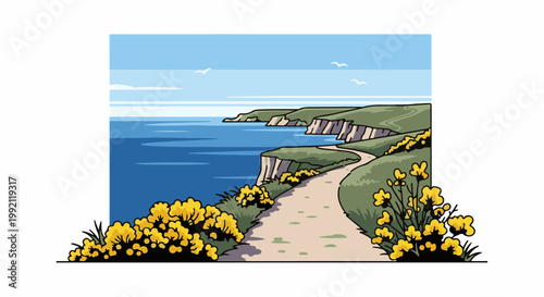A scenic coastal path winds through rolling hills, past blooming yellow wildflowers, leading to the ocean