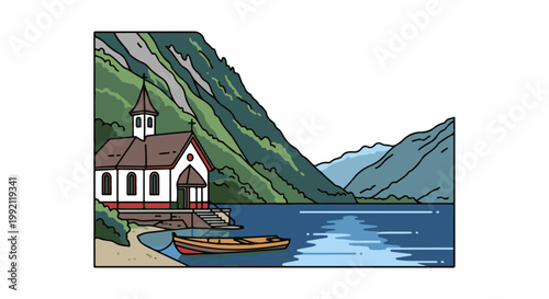 A quaint church sits beside a serene lake, framed by lush green mountains