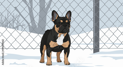 A pixelated illustration of a black and tan French Bulldog standing in a snowy landscape behind a chain-link fence
