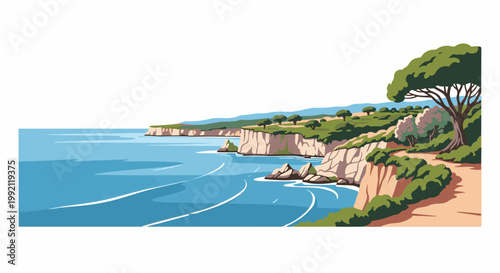 A scenic pixel art depiction of a coastline with cliffs, turquoise waters, and lush greenery under a clear sky