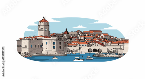 A scenic illustration of an ancient walled city by the sea with boats