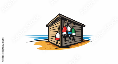 A quaint beach shack adorned with colorful buoys rests on a sandy shore beside the ocean waves