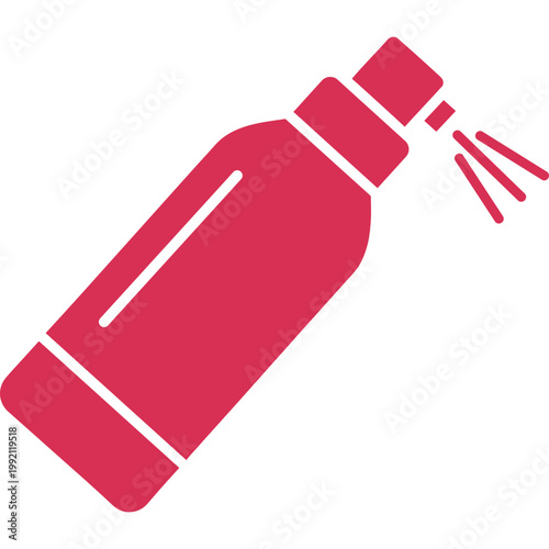 A pink spray bottle sprays liquid in an indoor setting with white background