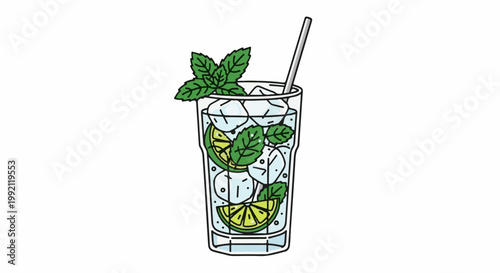 A refreshing beverage with ice, lime, and mint, served with a straw