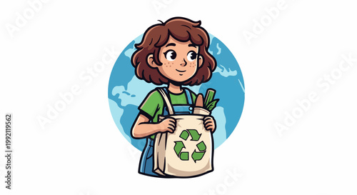 A smiling person holds a reusable bag with a recycling symbol, standing before a partial view of Earth