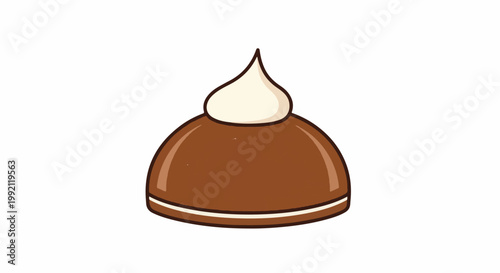 A stylized, cartoonish depiction of a chocolate dessert with white cream topping