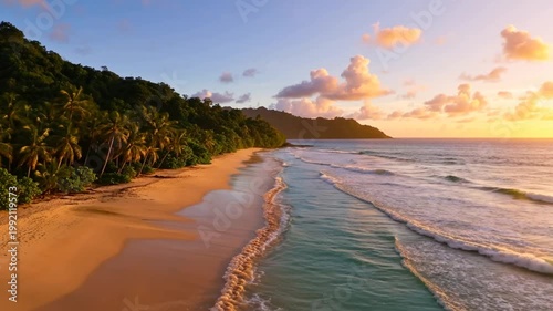 Tropical Beach at Sunset with Gentle Waves