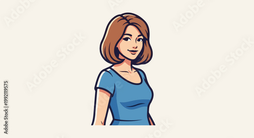 A stylized cartoon portrait of a woman with short brown hair and a blue shirt