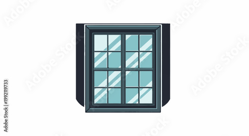 A pixelated representation of a dark-framed window with a grid of light blue panes