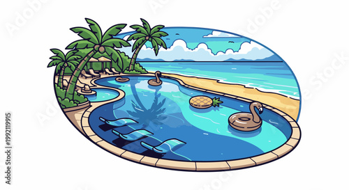 A pixelated tropical resort pool with palm trees, beach, and ocean